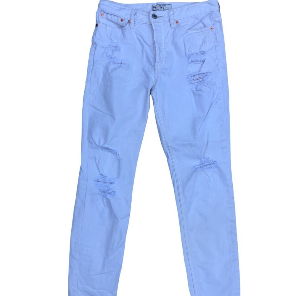 FREE PEOPLE FP White Distressed Denim Jeans Women's 27 Button Fly Ripped Skinny 